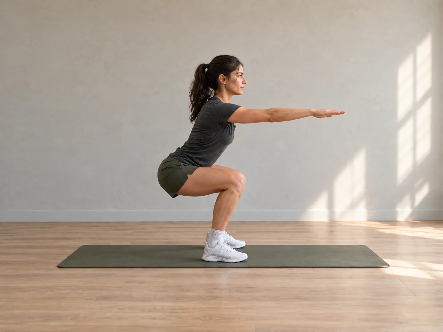 Side profile of the same woman squatting, with an illustrative overlay highlighting trunk angle and squat depth